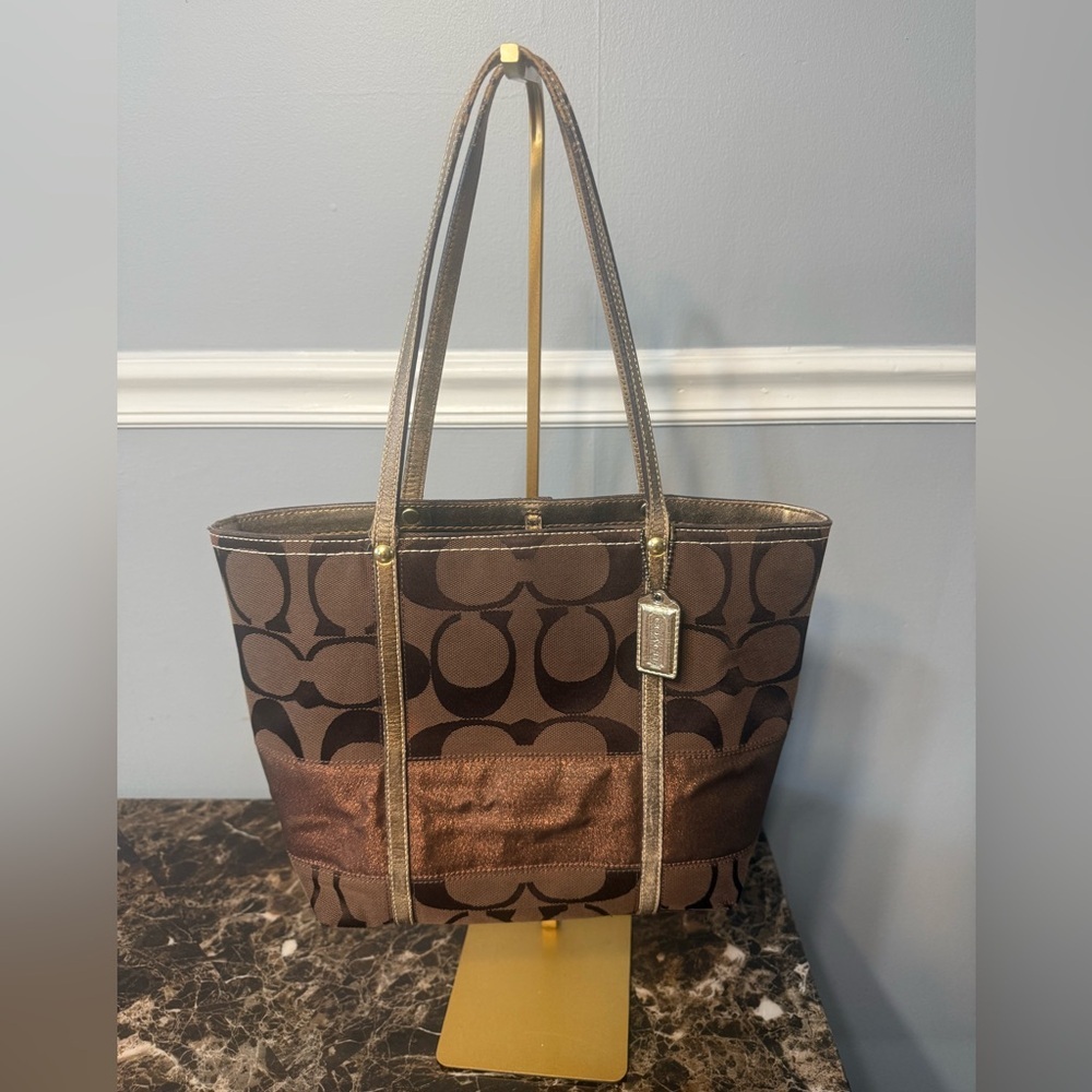 COACH Signature Stripe Tote Bag Brown Canvas Metallic Copper Trim Handbag - Picture 2 of 13